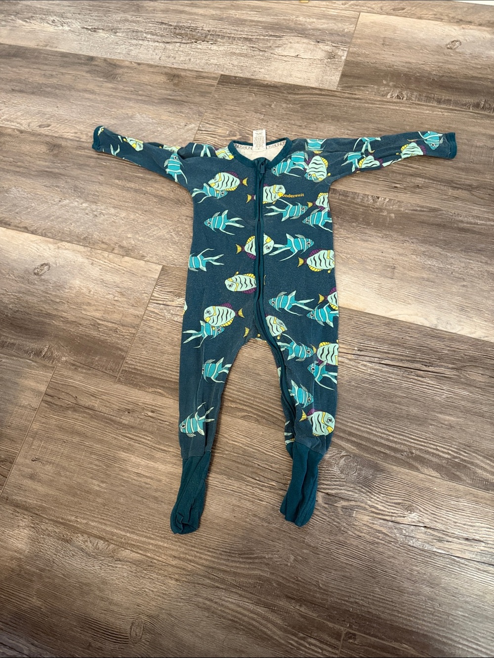 Bonds Children's Teal Fish-Print Footed One-Piece Pajamas- As is